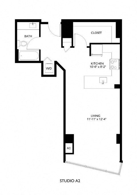 Floor plan for studio, 1 bath, 611 sqft